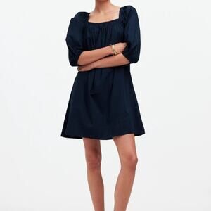 Madewell Square Neck Puff Sleeve Mini Dress Navy Blue Back Tie Cotton Small 6